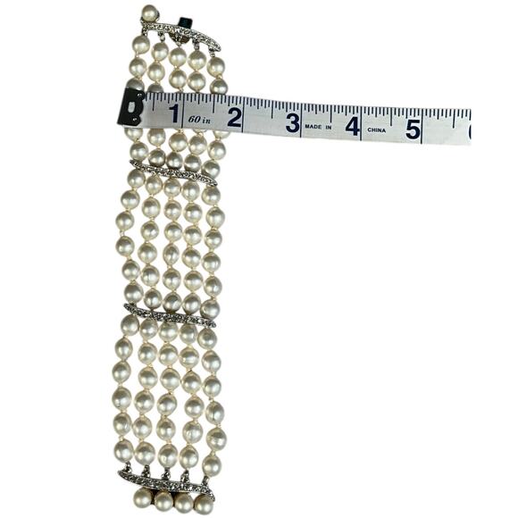 Elegant Multi-Strand Pearl & Rhinestone Bracelet Statement Cuff Old Money Ivory - Picture 6 of 9